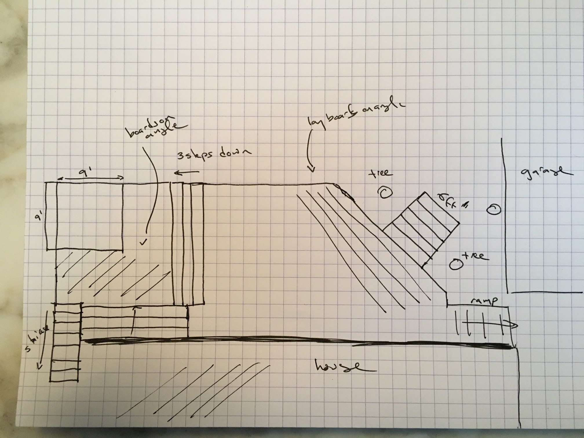 A handwritten deck plan for Cosmico drawn on graph paper