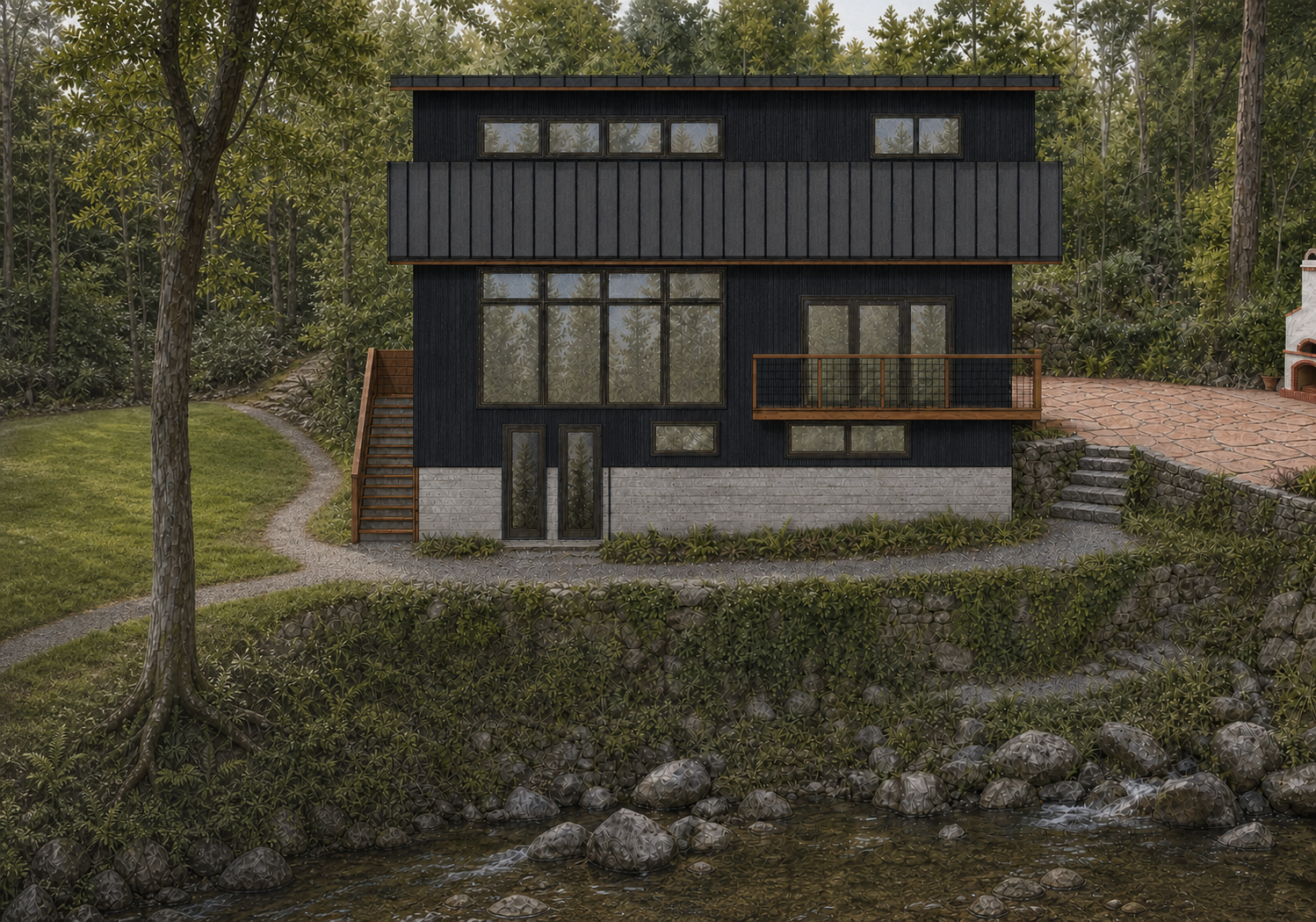 Rendering of the new Starlight Grove — the south, creek-facing elevation among the redwoods.