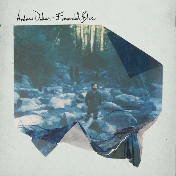 Album cover for Andrew Duhon's Emerald Blue — a torn photographic collage of a figure standing in a creek among boulders