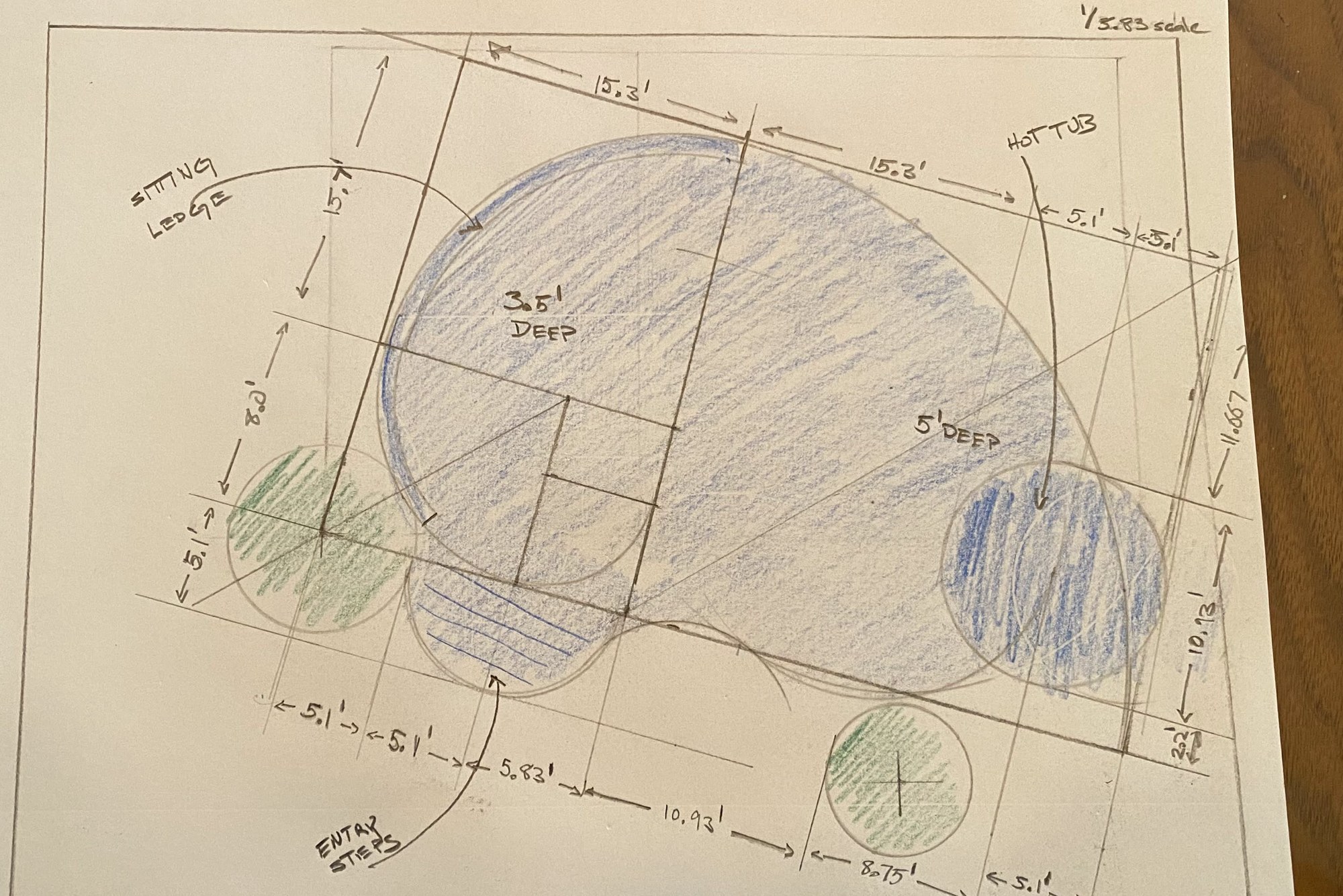 A hand-drawn plan of the Casa del Arte pool with pencil dimensions